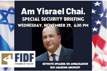 FIDF Am Yisrael Chai - Security Briefing Wednesday November 29 2023 16 Kislev 5784 630 PM - 900 PM Edit Event Info Pre-Registration ID will be required for this event Keynote Speaker UN Ambassador Ido Aharoni Aronoff ABOUT OUR SPEAKER ldo Aharoni Aronoff is an Israeli diplomat advisor to global companies public speaker university lecturer writer and investor. He was born in Tel Aviv to a family that settled in the Land of Israel in the 1870s and spent his entire diplomatic career in the United States on both coasts. He is a 25-year veteran of Israels Foreign service a public diplomacy specialist founder of the Brand Israel Program and a well-known place positioning and branding practitioner. Aharoni has served as a Member of the Board of Governors of Tel Aviv University since 2015 and as a lecturer at the universitys Coller School of Management since 2018. He is the host of TAU Unbound the official English language podcast of Tel Aviv University. He has served as a Global Distinguished Professor for International Relations at New York University and has frequently appeared in international media as a commentator. Aharoni has been Israels longest-serving Consul-General in New York 2010-2016. Special Thank You to Cheris Adam Berlinberg for their support.